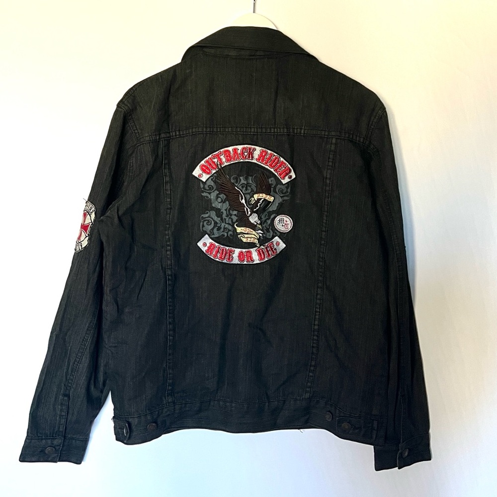 Vintage Outback Rider Y2K Sturgis Black Wash Denim Motorcycle Jacket w Patches L